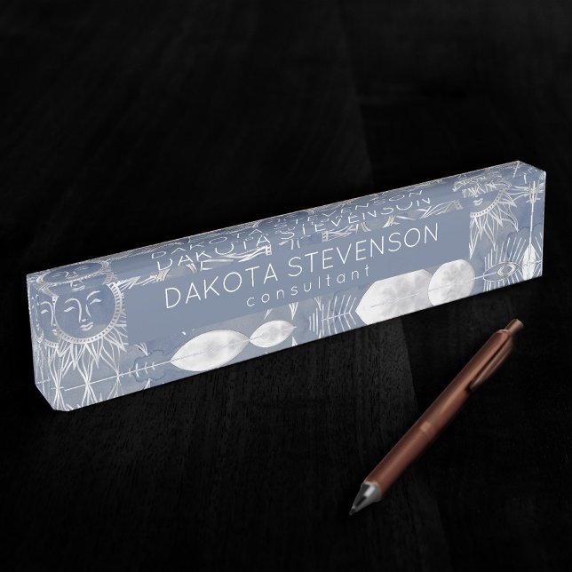 Placa De Nombre Mystique solar | Dusty Blue Silver Moon Stars Sun (Subido por el creador)