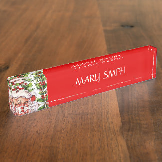 Placa De Nombre Navidad del acebo del vintage de Papá Noel