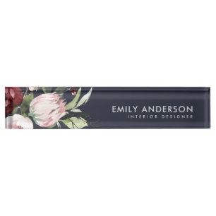 PLACA DE NOMBRE NAVY RUBOR PINK BURGUNDY PROTEA FLORAL COLOR DE AG