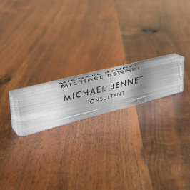 Placa De Nombre Negocio Profesional Gris Plateado Metálico
