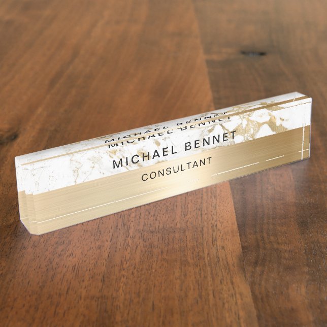 Placa De Nombre Negocios de Consultores de Mármol Blanco Metálico  (Lateral)