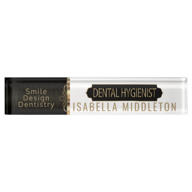 Placa De Nombre Negro, blanco y oro del higienista dental (Anverso)