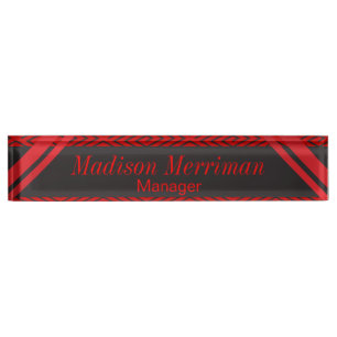Placa De Nombre Negro con nombre y título de color rojo oscuro de
