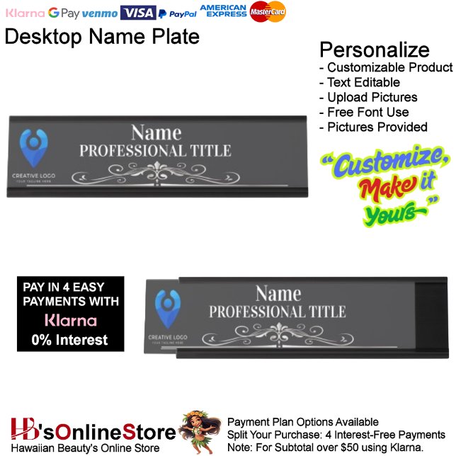 Placa de nombre negro de personalizable con logoti (Customizable Black Name Plate with Logo & Slogan 5.)