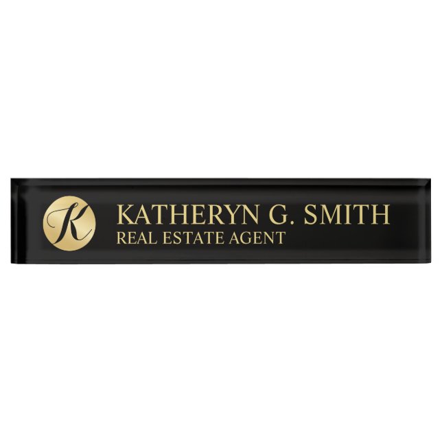 Placa De Nombre Negro elegante profesional y oro (Anverso)