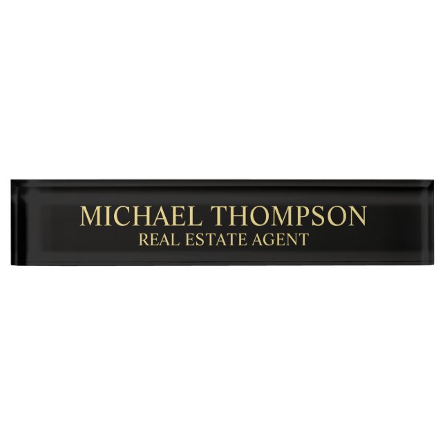 Placa De Nombre Negro elegante profesional y oro (Anverso)