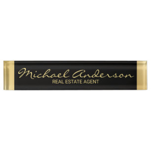 Placa De Nombre Negro elegante profesional y oro