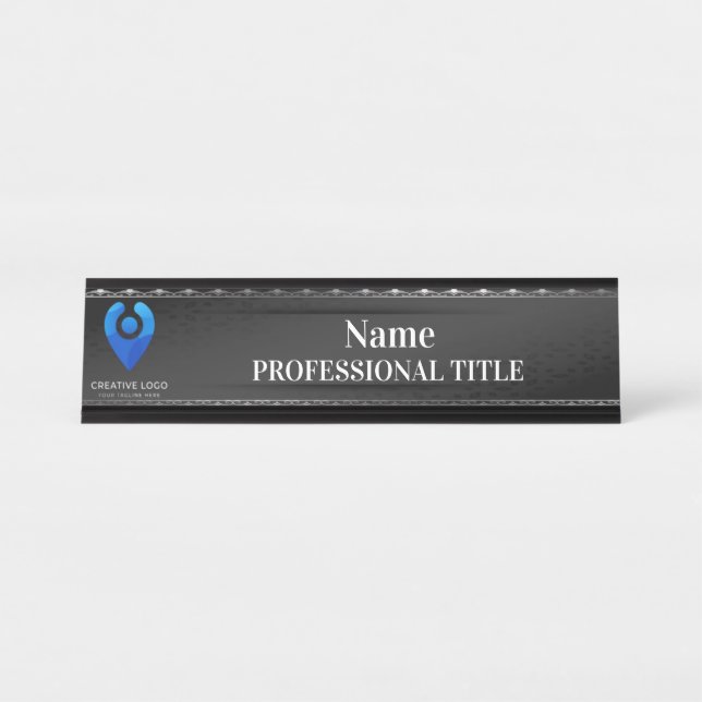 Placa de nombre negro para escritorio con logotipo (Anverso)