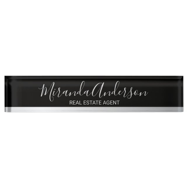 Placa De Nombre Negro profesional y plata con nombre de guión (Anverso)
