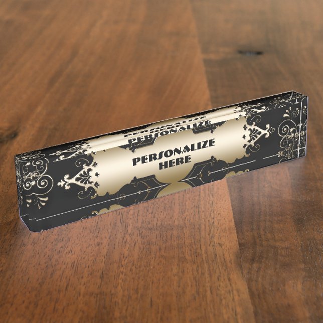 Placa De Nombre Negro y oro de estilo victoriano (Lateral)