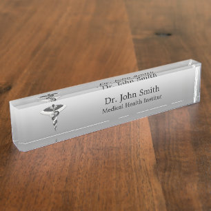 Placa De Nombre Noble Médico Elegante Clásico Caducto Blanco Negro