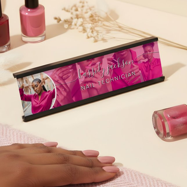 Placa De Nombre Nombre de caligrafía de guión de Collage de fotos  (Modern Pink Photo Collage Script Calligraphy Name Desk Name Plate)