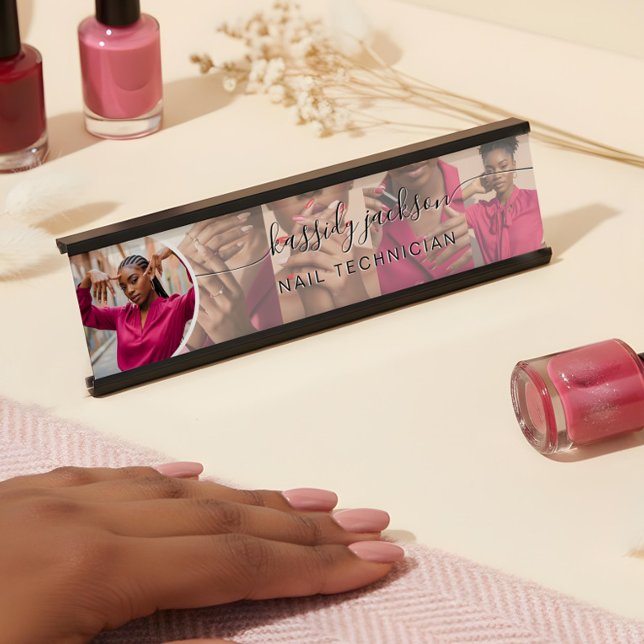 Placa De Nombre Nombre de caligrafía del guión de Collage de fotos (White Modern Photo Collage Script Calligraphy Name Desk Name Plate)