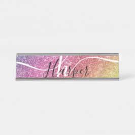 Placa De Nombre Nombre de monograma del Purpurina arcoiris