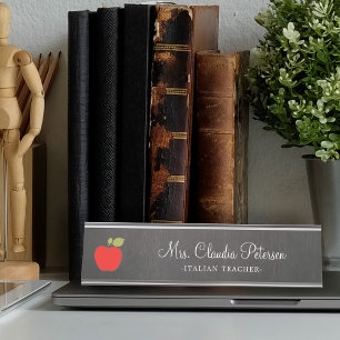 Placa De Nombre Nombre del profesor: Guión blanco de Apple rojo en