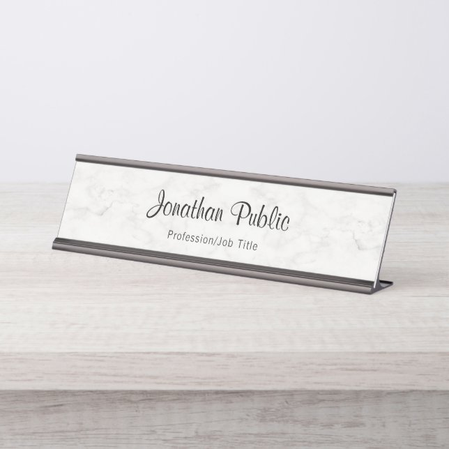 Placa De Nombre Nombre manuscrito Script Marble blanco moderno (Anverso)