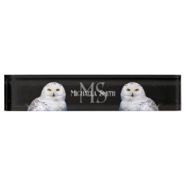 Placa De Nombre Nombre personalizado del monograma de búho de niev