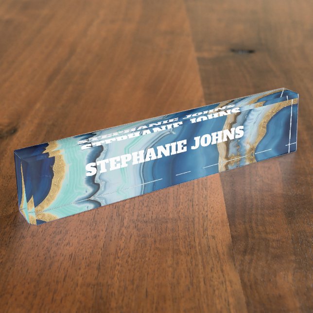 Placa De Nombre Nombre personalizado Monograma Agante azul Oro tur (Lateral)