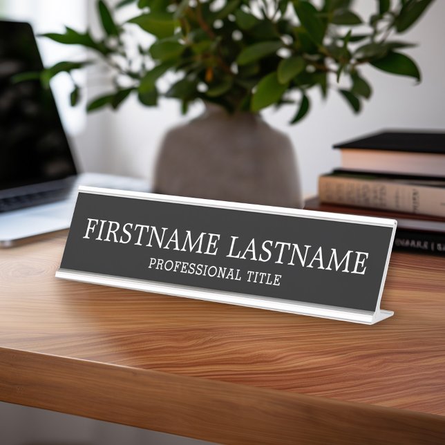 Placa De Nombre Nombre tradicional básico blanco negro y título (Custom Name Plate - Executive Desk Sign with Name and title or other text)
