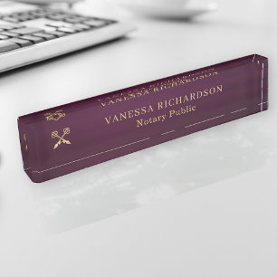 Placa De Nombre Notario elegante Purple Gold Professional Pen