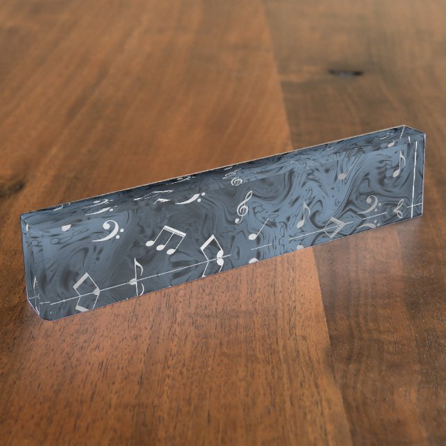 Placa De Nombre notas de música elegante de plata en azul (Lateral)