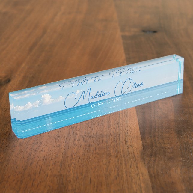 Placa De Nombre Ocean Sea Travel Aqua Blue Modern (Lateral)