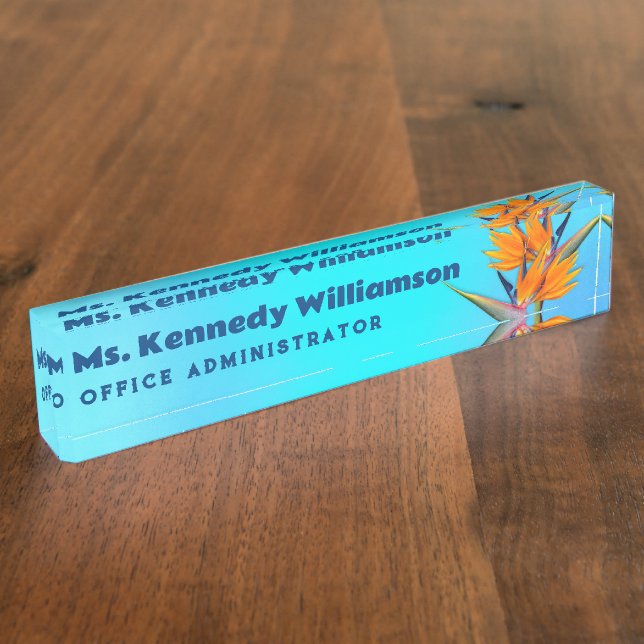 Placa De Nombre Office Desk Name Plate Aqua Bird of Paradise (Lateral)
