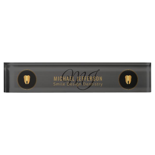 Placa De Nombre Oficina de dentistas monogramas - Negro y Oro (Anverso)