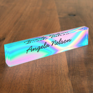 Placa De Nombre Ola de arcoiris rosa Aqua