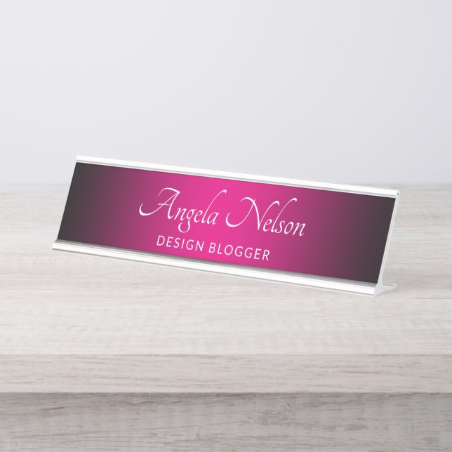 Placa De Nombre Ombre rosa caliente de borde negro (Anverso)
