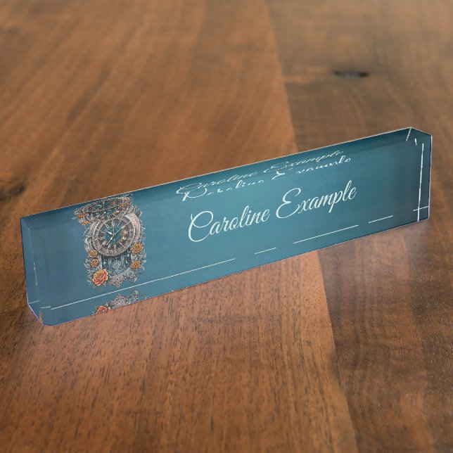 Placa De Nombre Ornate Steampunk Clock con Rosas. (Lateral)