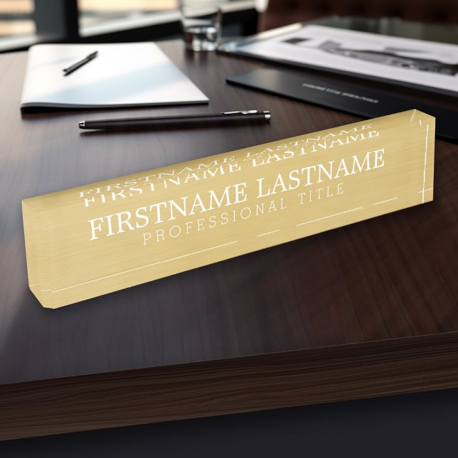 Placa De Nombre Oro cepillado - Nombre básico y título profesional (Personalized Name Plate - Custom Executive Desk Plate with Name and Professional Title)