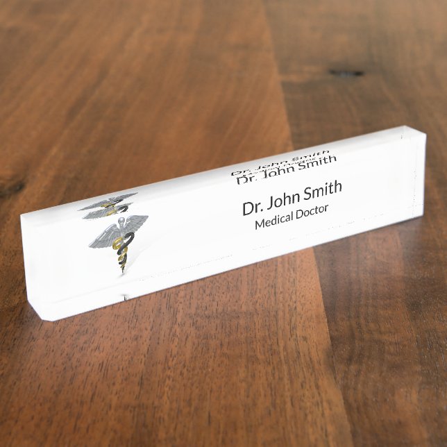 Placa De Nombre Oro de plata médico del negro del caduceo - (Lateral)