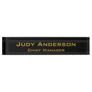 Placa De Nombre Oro Metálico y Negro Moderno Elegante Profesional