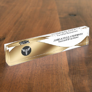 Placa De Nombre Oro negro caduceo Nombre del médica médico