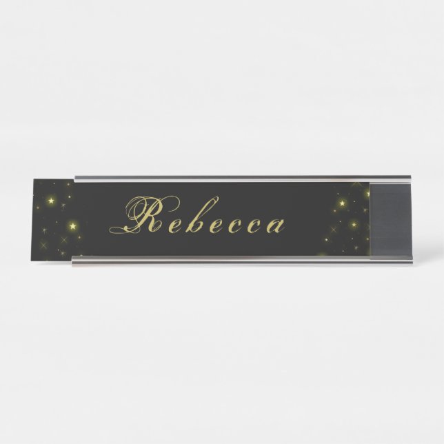 Placa De Nombre Oro personalizado y estrellas brillantes en negro (Anverso)