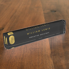 Placa De Nombre Oro y negro Monograma moderno Minimalista