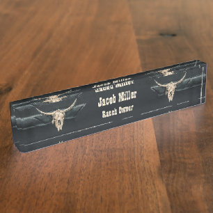 Placa De Nombre País occidental Beige Gray Rústico Bull Cow Skull