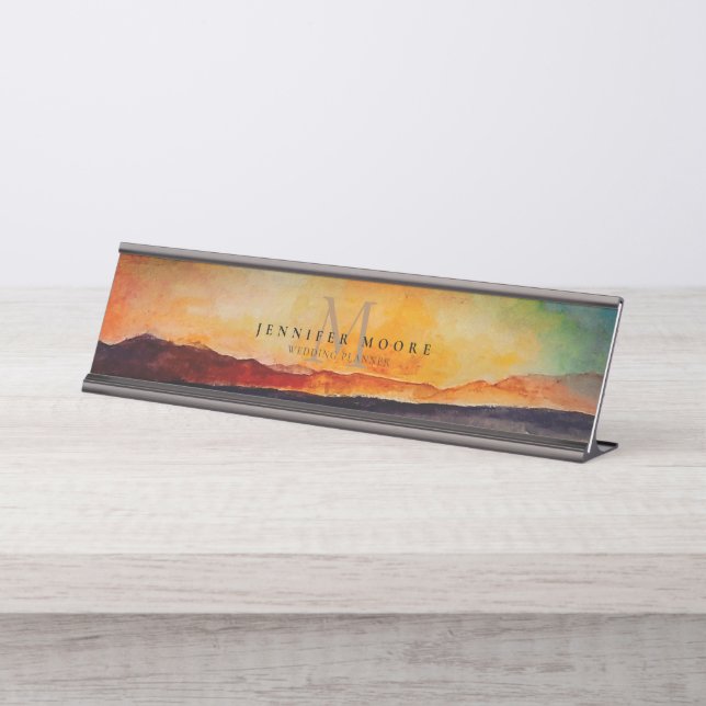 Placa De Nombre Paisaje artístico acuático de montaña monogramado (Anverso)