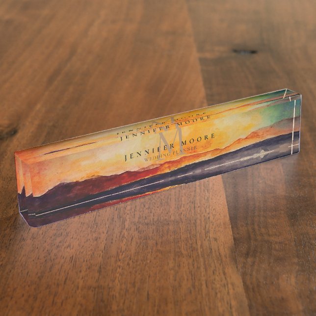 Placa De Nombre Paisaje artístico acuático de montaña monogramado (Lateral)