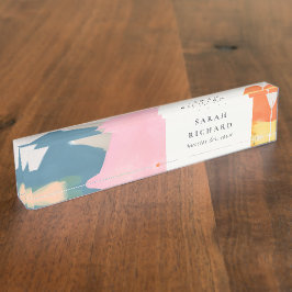 Placa De Nombre Paisaje de montaña abstracto boho rosa azul naranj