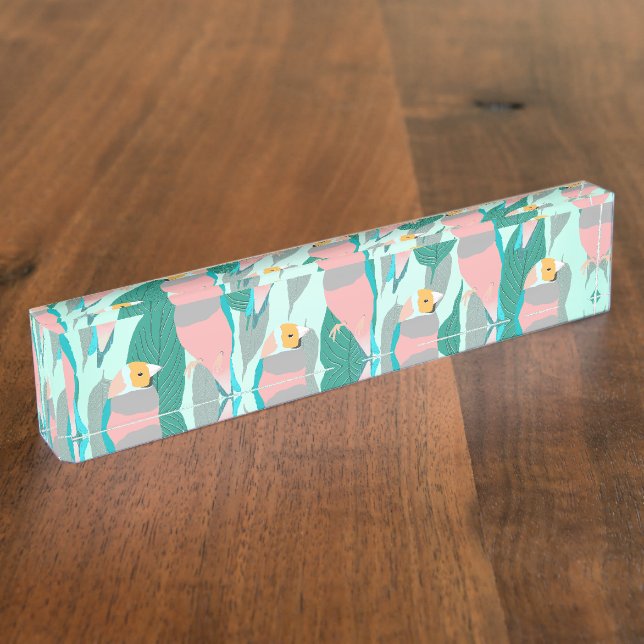 Placa De Nombre Pájaro fino arcoiris rosado de moda y oliva verde (Lateral)