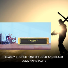 Placa De Nombre Pastor de Iglesia con Estilo Dorado y Negro