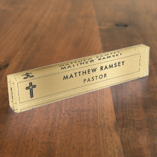 Placa De Nombre Pastor de Iglesia Ministro Moderno Mínimo Cruz Oro