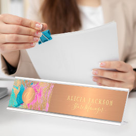 Placa De Nombre Patrón abstracto de arte moderno oro verde azulado