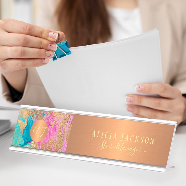 Placa De Nombre Patrón abstracto de arte moderno oro verde azulado (Subido por el creador)