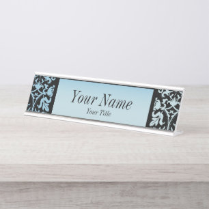 Placa De Nombre Patrón Damask en azul y negro de Aqua DIY Texto