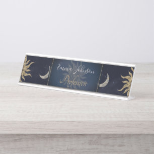 Placa De Nombre Patrón de cielo azul para la luna de oro Mandala