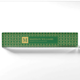 Placa De Nombre Patrón de damasco sin costuras verde esmeralda y d