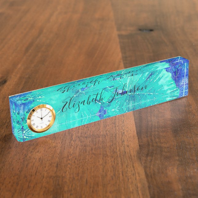 Placa De Nombre Patrón de hoja azul tropical (Lateral)